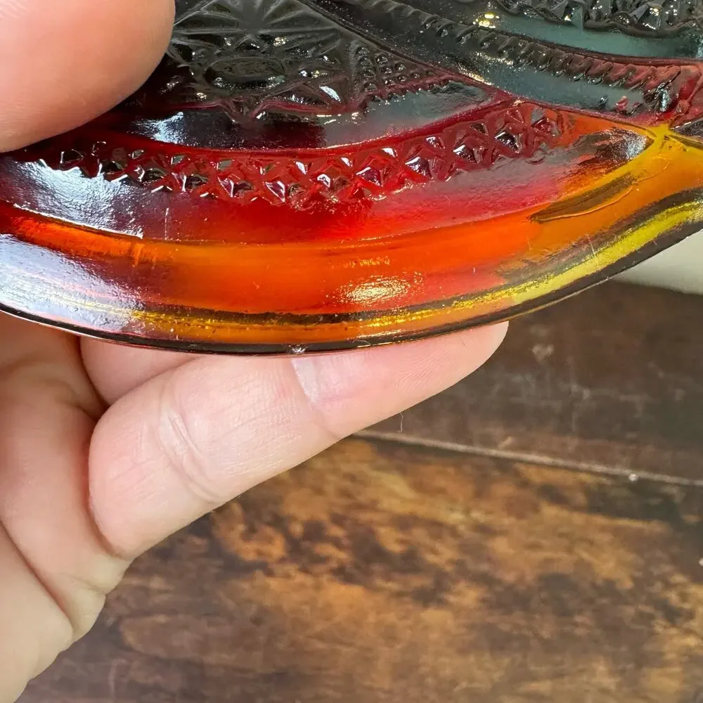 Vintage Depression Pressed Red Cadmium Glass Covered Butter Dish GLOWS